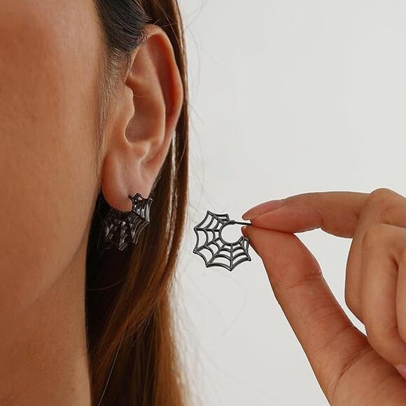 Halloween Spider Stud Earrings Silver/Black Gun Plated Spider Web Dangle Earring - Picture 3 of 5